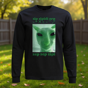 Alien Cat <b>Meme</b> Long Sleeve T-<b>Shirt</b> Green Print Funny Design - Product Image 3