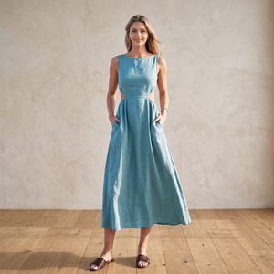Vestido Midi de Lino y Algodón 100% con Espalda Descubierta, Bolsillos y Lazos, para Vacaciones de Verano en la Playa, para Mujer - Product Image 3