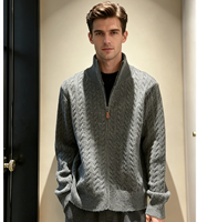 Cardigan zippé en maille torsadée pour homme, col montant, gaufré, coupe ample, veste pull, automne, 100% polyester, anti-rétrécissement