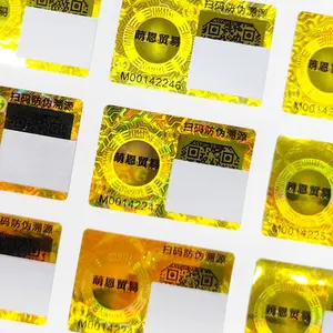 Stiker Hologram bahan hewan peliharaan persegi panjang kustom stiker goresan emas dengan Label Hologram keaslian kode QR aman