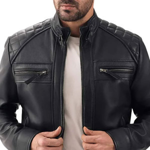 Veste de moto en cuir véritable pour homme de qualité supérieure, coupe slim, logo sur le devant, noir uni, style motard, coupe classique, à porter en automne - Product Image 6