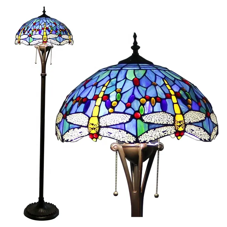 Longhuijing Dragonfly Tiffany Styled Vloerlamp 16 Inch Breed 2-Light Dubbele Kettingen Gebrandschilderd Glas Schaduw Antieke Base Decor lichten