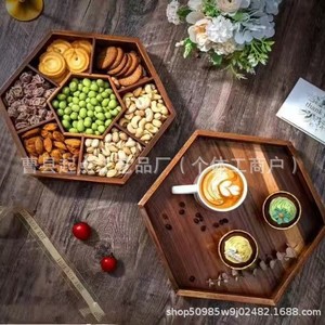 Nouvelle boîte à fruits secs en bois de style chinois, boîte à noix compartimentée en bois avec couvercle rabattable, boîte à thé en bois massif polygonale - Product Image 3