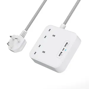 Outlet 2 Arah Kabel Ekstensi Daya Timbal dengan USB C Ekstensi Colok Dinding 1.5M Kabel Kepang untuk Perjalanan Rumah Kantor