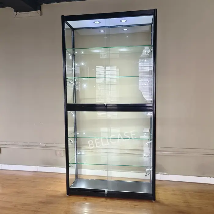 Lockable Aluminum Glass Display Case With Adjustable Shelves Design Wine Display Cabinet Showcase Glass Display Cabinet