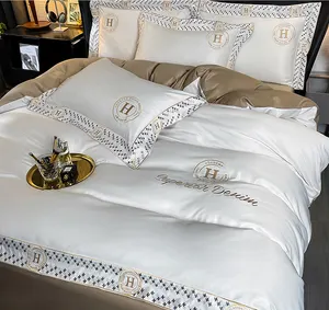 Ensemble de literie 4 pièces en microfibre de <span class=keywords><strong>soie</strong></span> lavée, linge de maison, drap et <span class=keywords><strong>taie</strong></span> d'oreiller, luxe brillant en Stock - Product Image 1