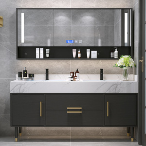 Solid Wood Farmhouse Bathroom <b>Vanity</b> Ceramic Basin LED Integrated Modern <b>Light</b> Luxury Smart Mirror Wall-Mounted Hotel Cabinet - Product Image 5