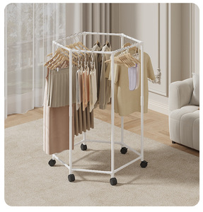 <b>Hexagonal</b> Rotating Floor Clothes Hanger Rack 6 <b>Shelves</b> Movable Coat Rack for Dormitory Bedroom Hotel Use Iron Home Furniture - Product Image 3