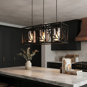 Suspension linéaire rustique à 3 lumières en fer forgé motif feuille verdoyante pour table à manger et comptoir de bar - Product Image 1