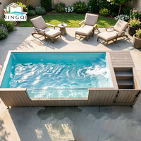 Piscine hors-sol contemporaine en fibre de verre au design exclusif pour l'extérieur, avec jacuzzi et spa intégrés, pour invités, en forme de conteneur pour jardin.