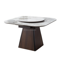 Table à manger moderne extensible en marbre avec plateau tournant en dalle de roche et base en bois, mobilier de restaurant, hôtel, bar à domicile