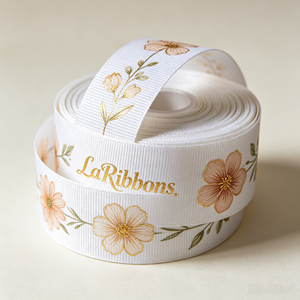 Cinta de poliéster grosgrain con estampado floral dorado y logotipo de marca personalizado OEM, múltiples colores base para decoración de regalos y prendas de vestir. - Product Image 3