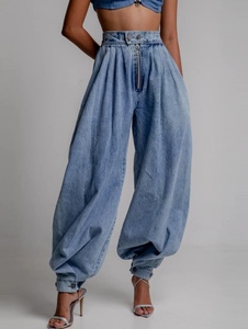 <span class=keywords><strong>Pantaloni</strong></span> Parachute in Denim <span class=keywords><strong>Blu</strong></span> con Zip Frontale e Orlo Regolabile, Gamba Larga, Vita Alta, Jeans Baggy per <span class=keywords><strong>Donna</strong></span> - Product Image 2
