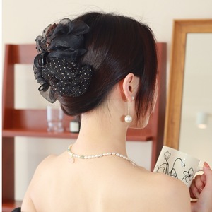 Korean-style ethereal cloud polka dot hair <b>clip</b> with color blocking <b>bow</b> and mesh, a shark <b>clip</b> for women, exuding elegance. - Product Image 1
