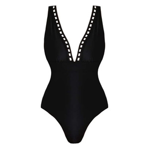 NEW Women's Sexy <strong>Deep</strong> <strong>V</strong> <strong>Neck</strong> Swimwear Black Cover-Up Beachwear Dress with Skirt Bandeau Bra Letter <strong>Pattern</strong> Hollow Out Style