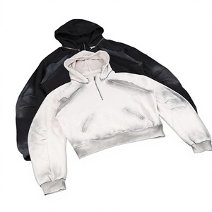 Manufacturers Streetwear Black Rhinestone Embroidery Zip Vintage Acid Wash Heavyweight Cropped Oversized Cotton Custom Hoodie - Product Image 2