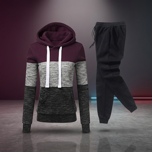 Ensemble de survêtement décontracté 2 pièces pour femme, sweat à capuche color block, manches longues, coupe régulière, en polyester et coton tricoté, vêtements de sport - Product Image 1
