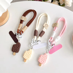 Cute Ice Cream Pendant Thickened Woven Nylon Wrist Strap with Anti-Loss Hand Chain Mobile Phone Lanyard with Patch