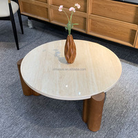 Table Basse de Luxe Hôtel, Piétement Chêne, Plateau Travertin, Table à Thé Irrégulière, Petite Table Basse Moderne pour Appartement