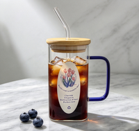 Mug à café en verre droit avec poignée bleue, couvercle en bambou, paille en verre, design tulipe, tasse transparente en borosilicate pour thé, jus, maison, bureau