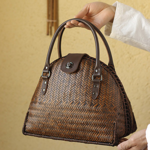Retro Bamboo Woven <b>Handbag</b> Regular Shape Durable Unisex Garden Use Anji Origin ZB-0010 - Product Image 2