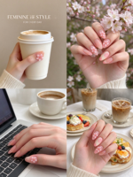 Faux ongles à presser French manucure dégradé rose pêche, ongles artificiels brillants en amande avec motif floral 3D, 24 pièces