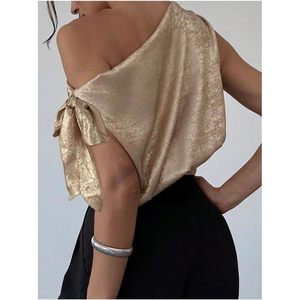 Women's Off Shoulder Satin Crop <b>Top</b> Asymmetric One Shoulder Wrap Tie Blouse Elegant Party Wear - Product Image 2