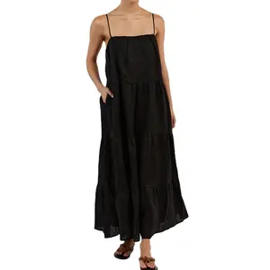 Hot summer fashion women's custom black linen casual sling side pocket collarless hem layered women's evening dress