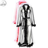 2022 custom black white red pink sexy lace mesh luxury lingerie feather long faux fur robe with fur trim