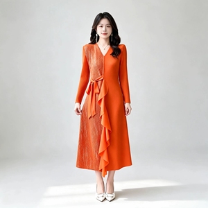 Ropa de Moda para Mujer, <span class=keywords><strong>Vestido</strong></span> Largo Informal con Estampado de Lámina Dorada, Volantes en <span class=keywords><strong>Cascada</strong></span>, <span class=keywords><strong>Vestido</strong></span> Plisado Asimétrico Estilo Miyake - Product Image 6