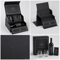 Coffret cadeau vin noir de luxe à double couche avec verres, emballage innovant en carton rigide noir mat à 2 niveaux