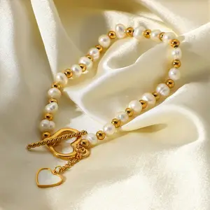 Французский роскошный браслет из 18-каратного золота с подвесками в виде сердца из нержавеющей стали браслет из пресноводного жемчуга для женщин/
