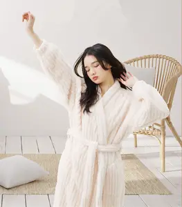 Stripe Designer Pajamas Soft Polyester Dressing Gown Women Coral Fleece Warm Home Wear Thick Long Winter Girl Bathrobe Set