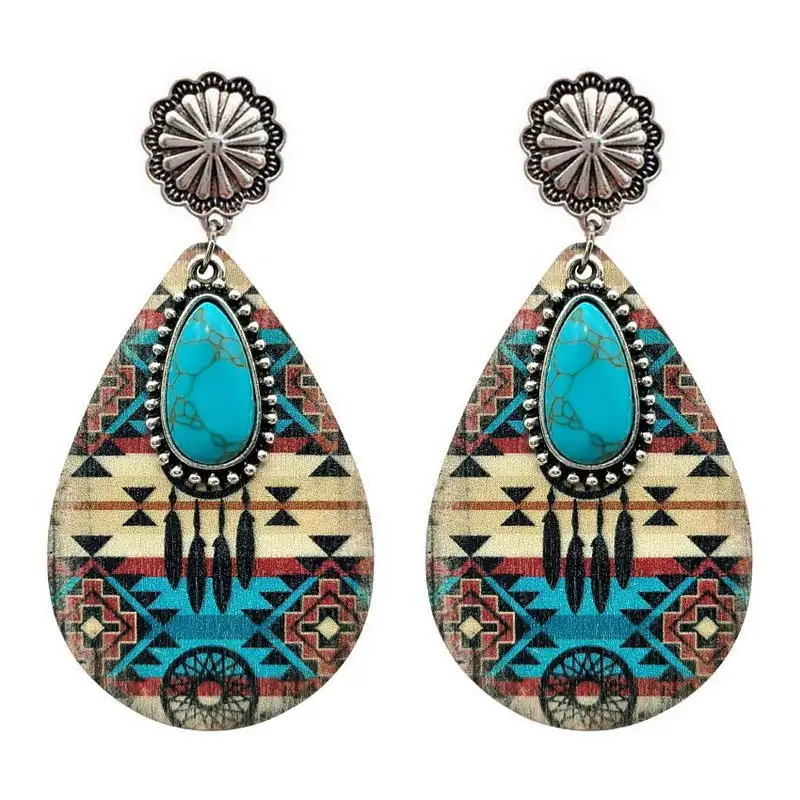 Turquoise Teardrop Wooden Aztec Teardrop Earrings 2023 New Ethnic Geometric Pattern Western Women Accessories Jewelry Wholesale