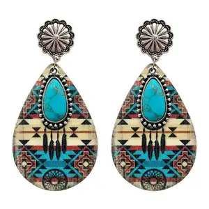 Turquoise Teardrop Kayu Aztec Teardrop Earrings 2023 Baru Pola Geometris Etnis Wanita Barat Aksesoris Perhiasan Grosir