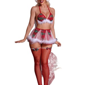 Lingerie renda seksi, pakaian dalam natal wanita, Set bordir renda seksi dengan bulu - Product Image 6