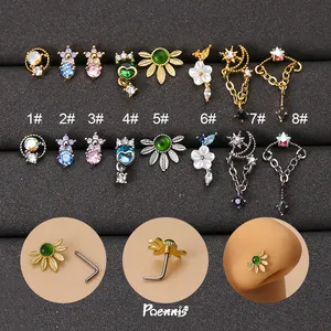 POENNIS Factory Supplier Stainless Steel L Rod Nose Nail Leaf Star Moon Zircon Piercing Body Jewelry Nose Studs
