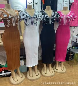 Đầm dài dáng ôm in họa tiết cổ điển thời trang nữ, eo cao, chất liệu jacquard, đầm dự tiệc thanh lịch, cổ chữ V, tay ngắn, phong cách boho - Product Image 5