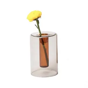 手工吹制双层彩色硼硅酸盐高筒可逆玻璃管花瓶，用于插花装饰