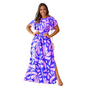 Vestido Maxi Casual con Estampado y Abertura, Cuello Redondo, Tipo Túnica, para Mujer, Venta al por Mayor - Product Image 2