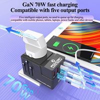 Chargeur de voyage tout-en-un Foxcan certifié CE RoHS 70W GaN, adaptateur multi-prises 2USB 2TypeC 10A, adaptateur secteur à charge rapide
