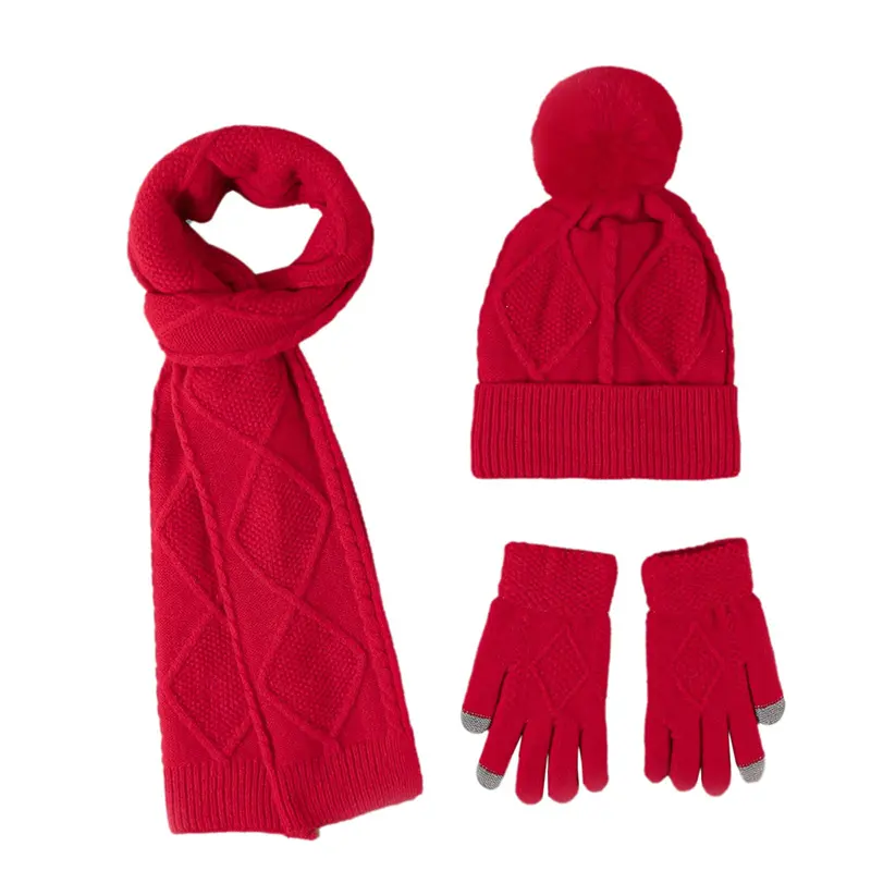 여성 숙녀 소녀 3 in 1 겨울 두꺼운 따뜻한 니트 비니 모자 야외 산책 쇼핑 모자 스카프 장갑 세트