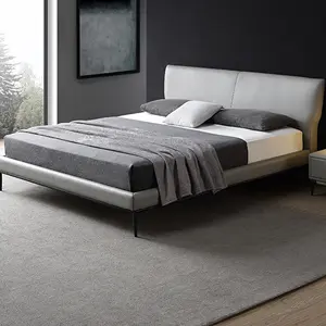 เตียงหนังอิตาลีที่ทันสมัยแคบข้างเตียงเตียงคู่สีเทา1.8เมตรหนังศิลปะเตียงหรูหราเฟอร์นิเจอร์ห้องนอน