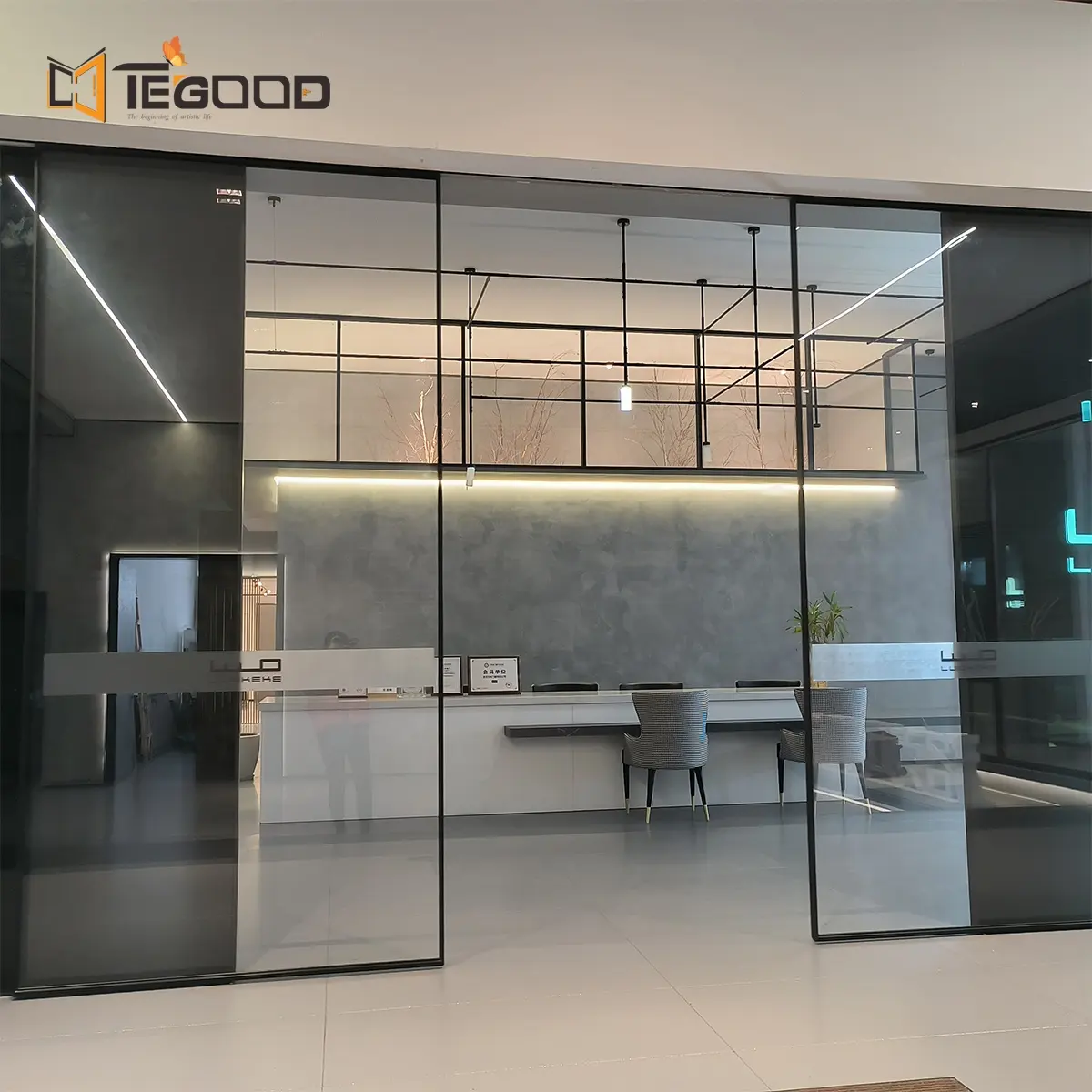 Tegood Aluminium Tunggal atau Ganda Kaca Tempered Bingkai Ultra-tipis Pintu Interior Geser Otomatis untuk Dapur atau Kamar Tidur