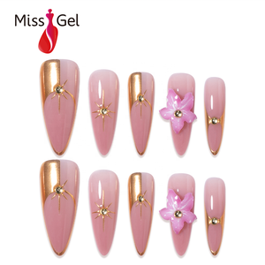 Lot de 32 faux ongles rose mauve poudré à presser, longs, forme stiletto, avec fleurs 3D et étoiles chromées or rose, en PMMA gel souple - Product Image 1