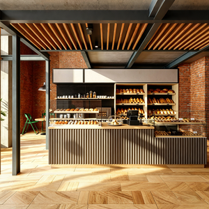 Cafetería y panadería moderna con mostrador y vitrina para pan integrada - Product Image 1