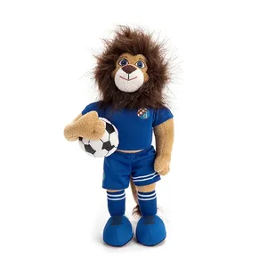 Hot Selling Custom Logo Plushy Toy Long Tail Stuffed Animal Lion with Soccer on Hand