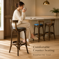 Tabouret de bar en bois foncé avec dossier incurvé, repose-pieds circulaire et siège rembourré pour îlot de cuisine, café, bistrot, restaurant