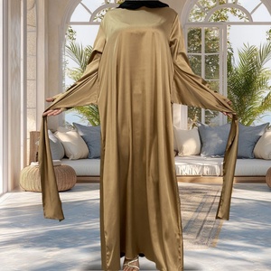 Women 2 Pieces Abaya <b>Set</b> Chic Lace up Waist Inner Dress and Ruffle Sleeves Cardigan Smooth Thin Satin Eid Muslim Abaya 1925# - Product Image 2