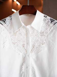 Chemisier blanc en coton brodé de sequins ajourés, design de marque de luxe, tendance pour femme, manches longues, coupe ample, décontracté, vente en gros - Product Image 2